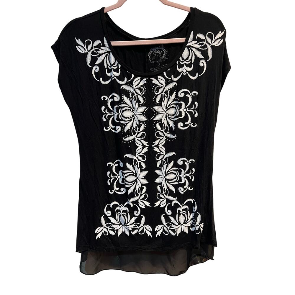 State of Grace Black White High Low Tunic Top Women’s Medium Rayon Stretch